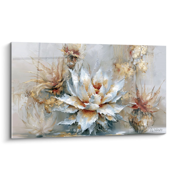 Tableau Aloe vera blanc et roux aux coeurs incandescents - Rosace centrale rayonnante - Edition Aloe vera