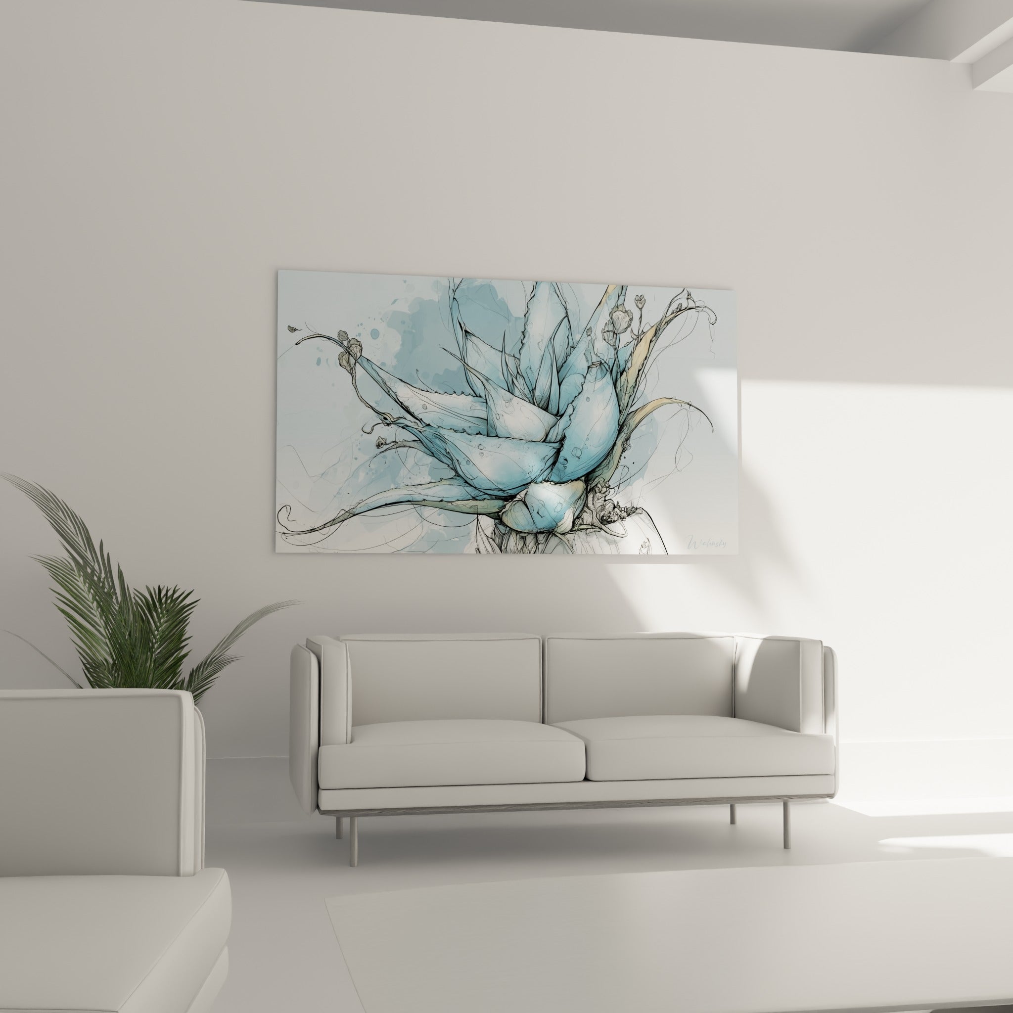 Aloe vera aux traits noirs fins et bleu ciel vaporeux, placé au-dessus d'un canapé dans un salon lumineux