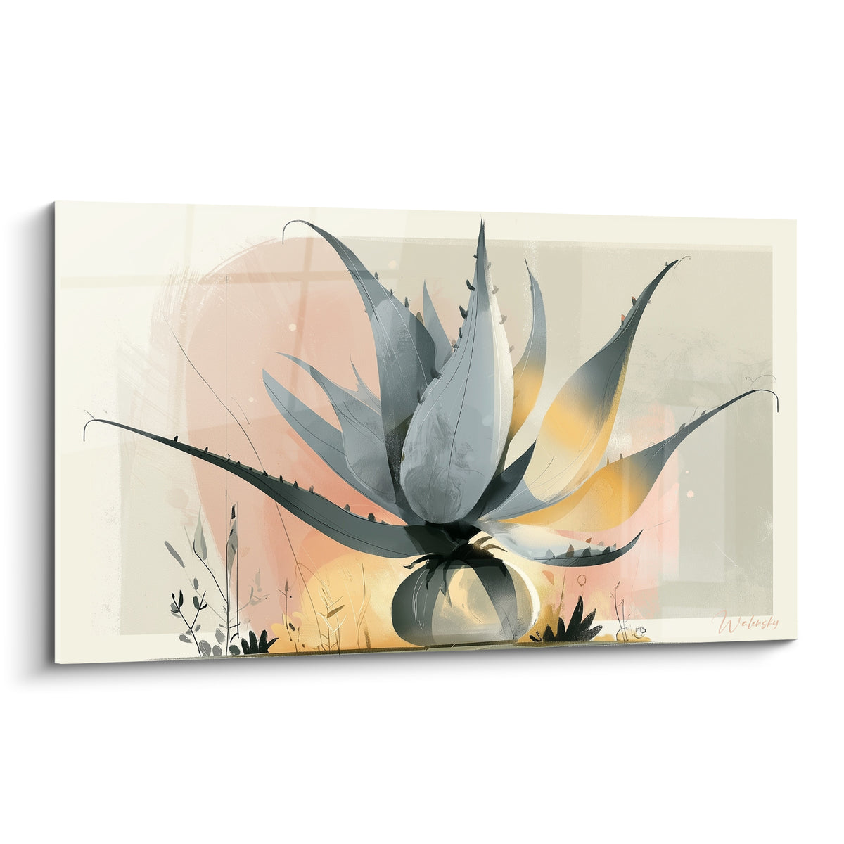 Aloe vera aux feuilles bleu-gris dressées, pointes dorées, fond rose poudré et terracotta pastel.
