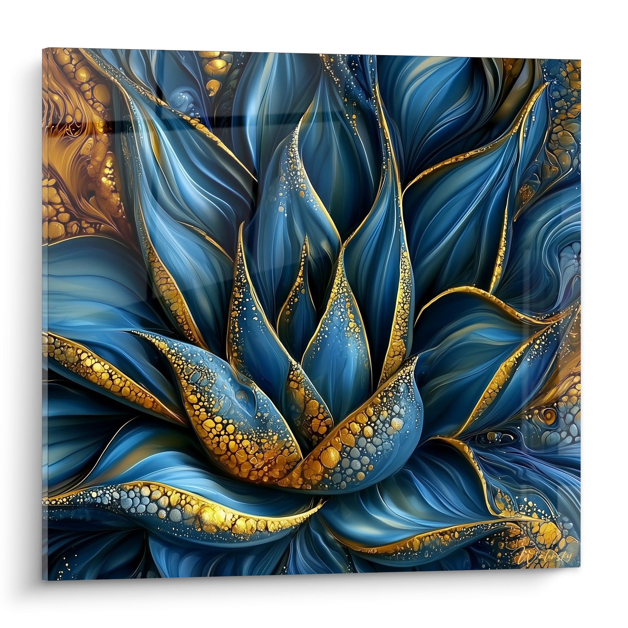 Aloès aux feuilles bleu marine et dorées, texture lustrée façon céramique émaillée