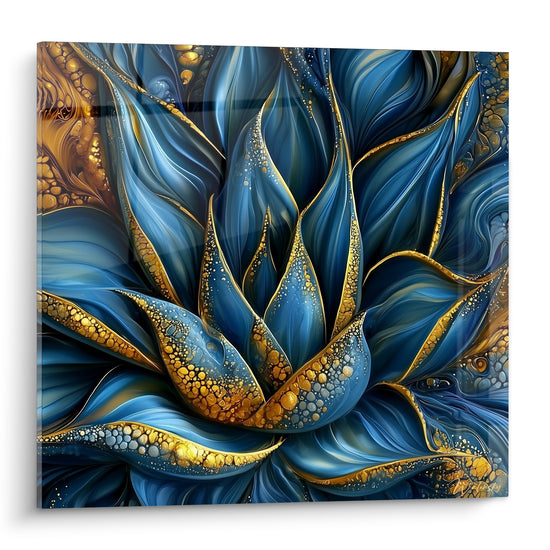 Aloès aux feuilles bleu marine et dorées, texture lustrée façon céramique émaillée