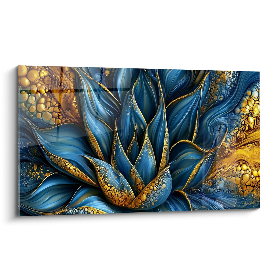 Tableau Aloe vera aux feuilles bleu marine et dorées - Éclosion minérale - Edition Aloe vera