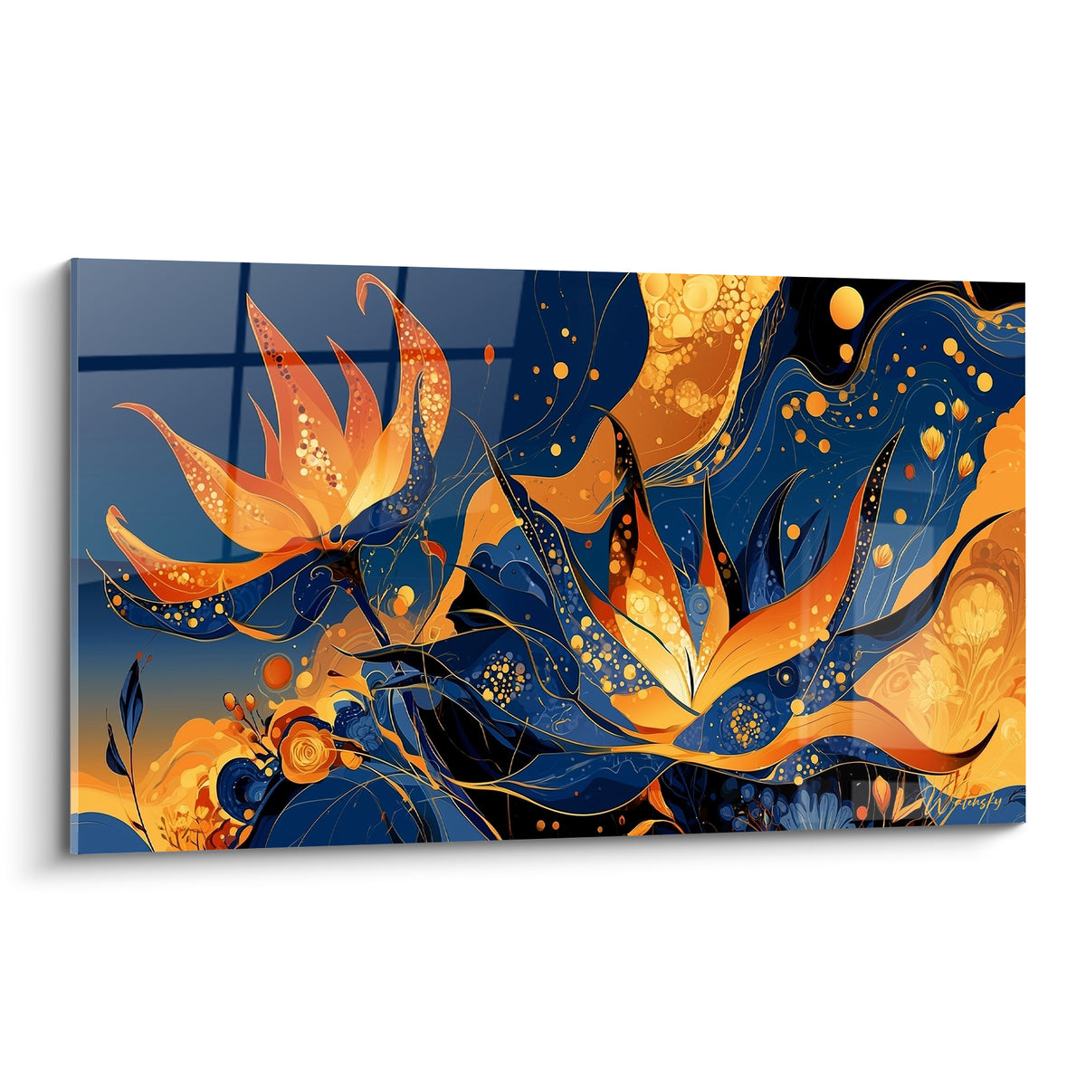 Aloe vera stylisé aux feuilles orange doré sur fond bleu marine scintillant d'étoiles.