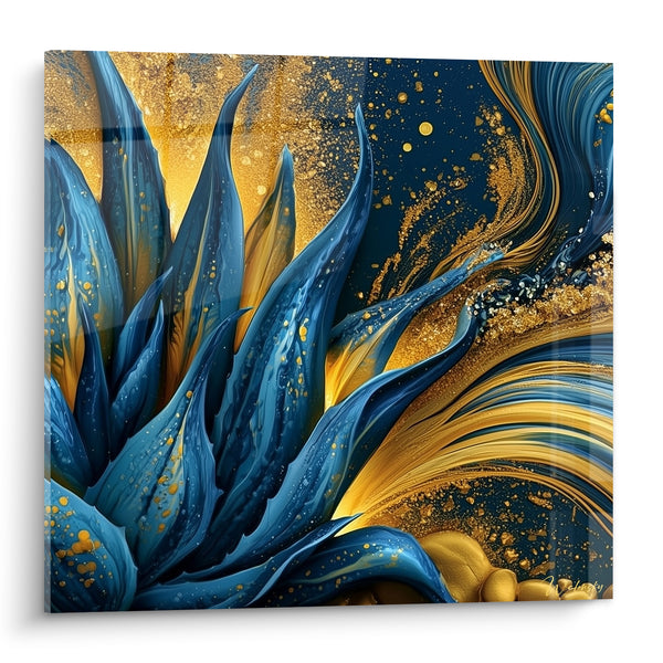 Tableau Aloe vera bleu marine et doré scintillant - Éclat nocturne doré - Edition Aloe vera