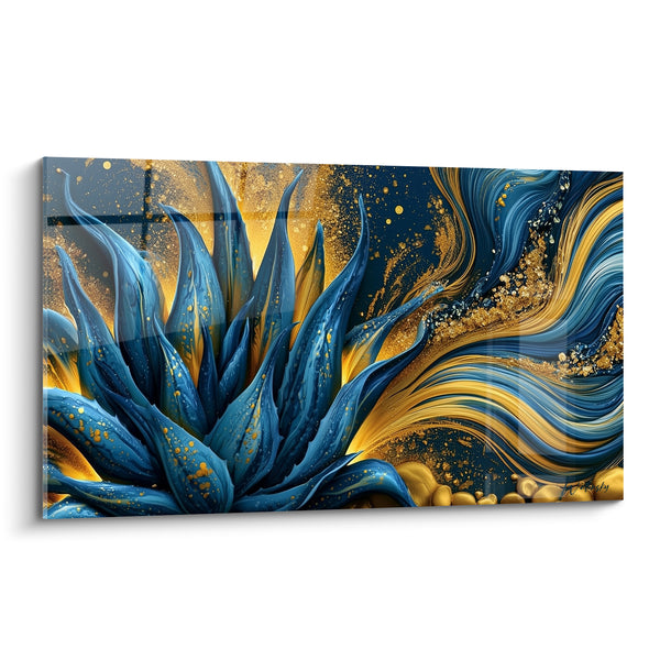 Tableau Aloe vera bleu et doré éclaboussé - Nuit dorée - Edition Aloe vera