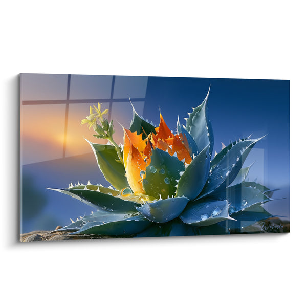 Tableau Aloe vera bleu et orangé perlé de rosée - Éveil du matin - Edition Aloe vera