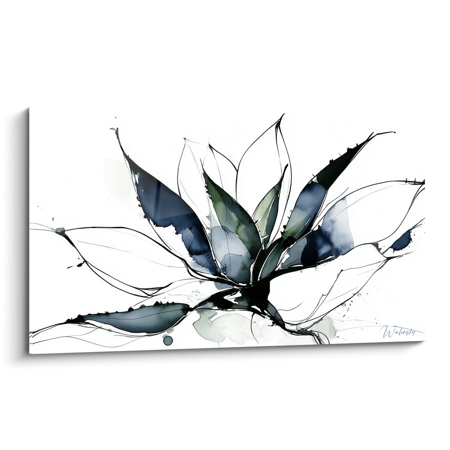 Tableau Aloe vera bleu ardoise et vert aux traits filiformes - Fond blanc épuré - Edition Aloe vera