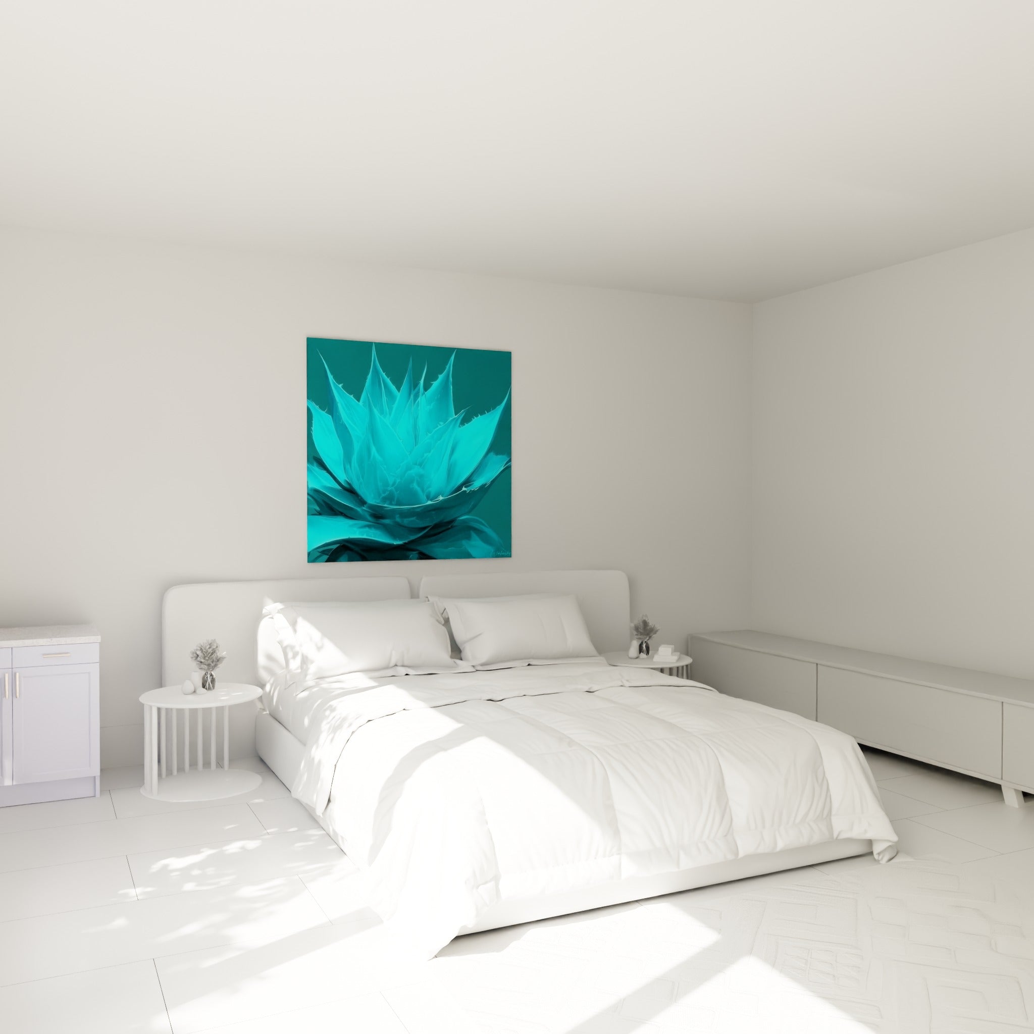 Rosette d'aloe vera bleu pastel et turquoise accrochée au-dessus d'un lit dans une chambre claire