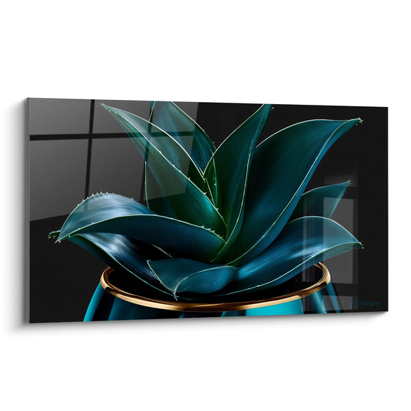 Quadri Aloe vera blu e dorato in vaso - Eleganza minerale - Edizione Aloe vera
