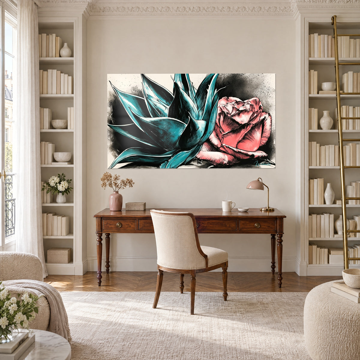 Wall art with aloe vera in ink and watercolour, turquoise leaves and a vivid pink flower on a cream background, between two bookcases in a Haussmann-style study