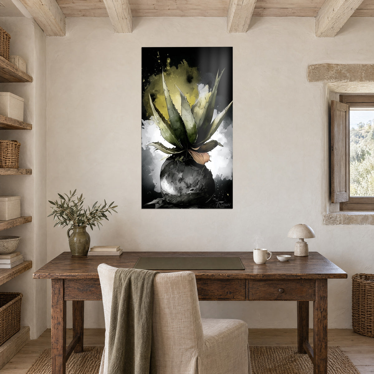 Tableau aloe vera en lavis d'encre, feuilles vert mousse et pétale rose pâle sur éclaboussures noires, mur de bureau en pierre