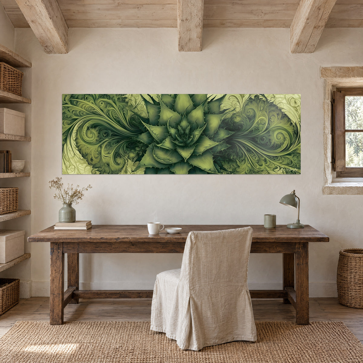 Tableau fleur épineuse d'agave, ornements baroques vert pistache sur fond sable, accroché au-dessus d'un bureau en bois brut