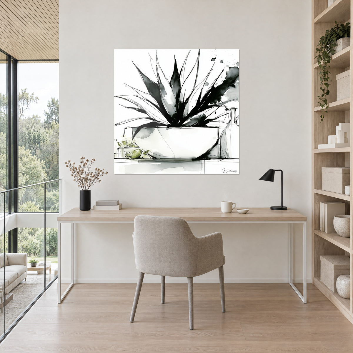 Tableau nature morte à l'agave d'encre, bouteille blanche esquissée et gouttes noires, face à un bureau en bois clair et chaise grise