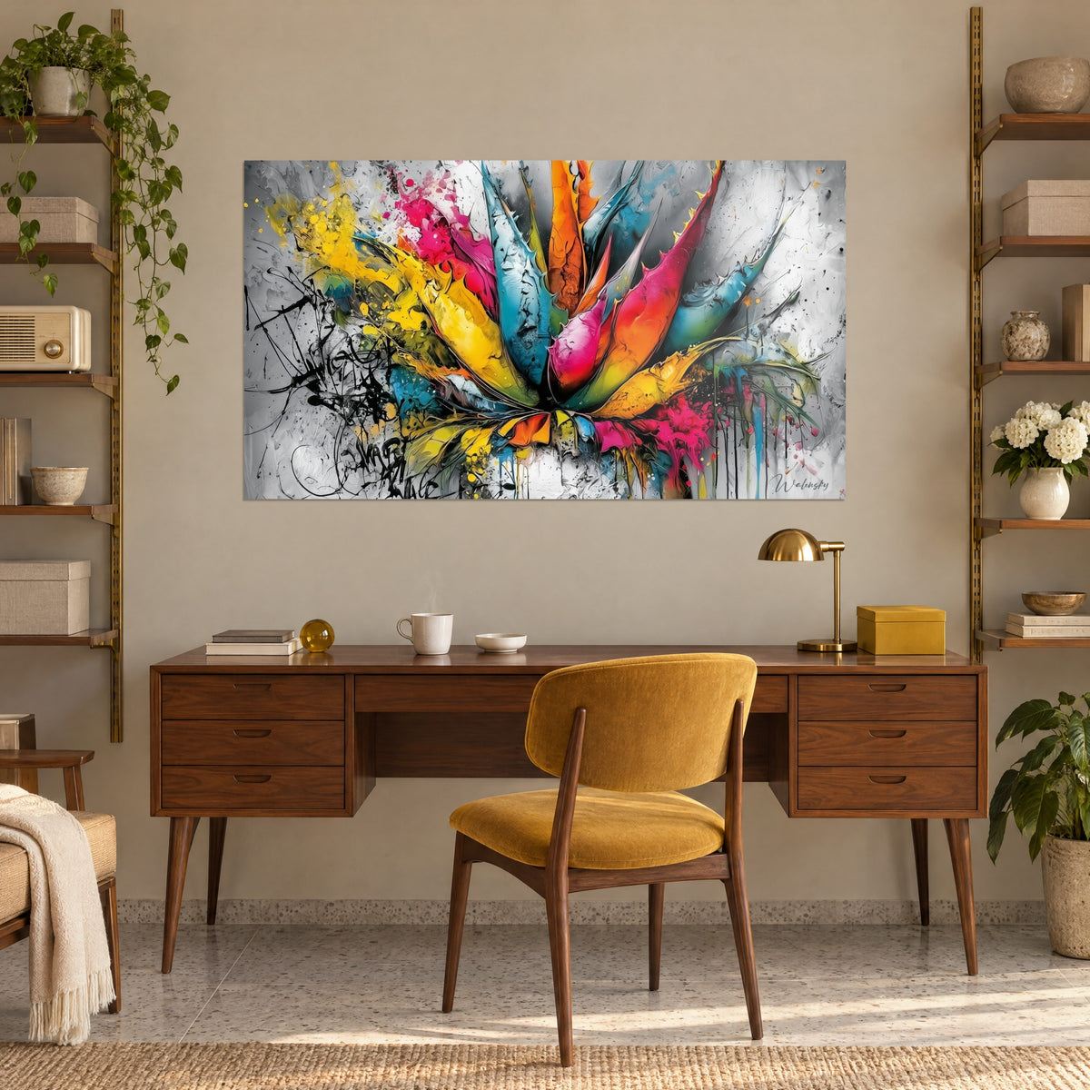 Tableau fleur d'agave graffiti en jaune citron et rose vif, gouttes de peinture, accroché au-dessus d'un bureau en bois, fauteuil moutarde