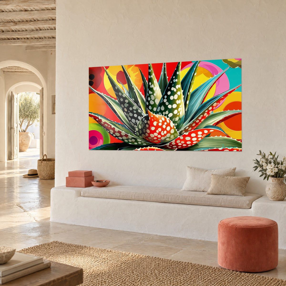 Tableau agave pop art aux pointes bleu-vert, cœur orangé à pois blancs, sur fond jaune, vu de trois-quarts près d'une banquette