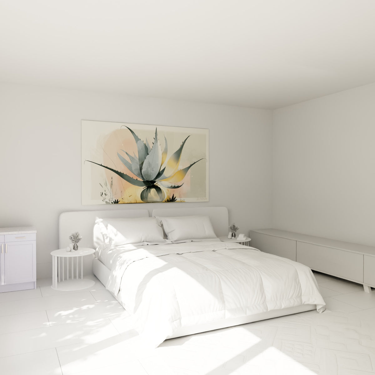 Plante d'aloe vera bleu-gris et doré, style illustration douce, accrochée au-dessus d'un lit dans une chambre claire.