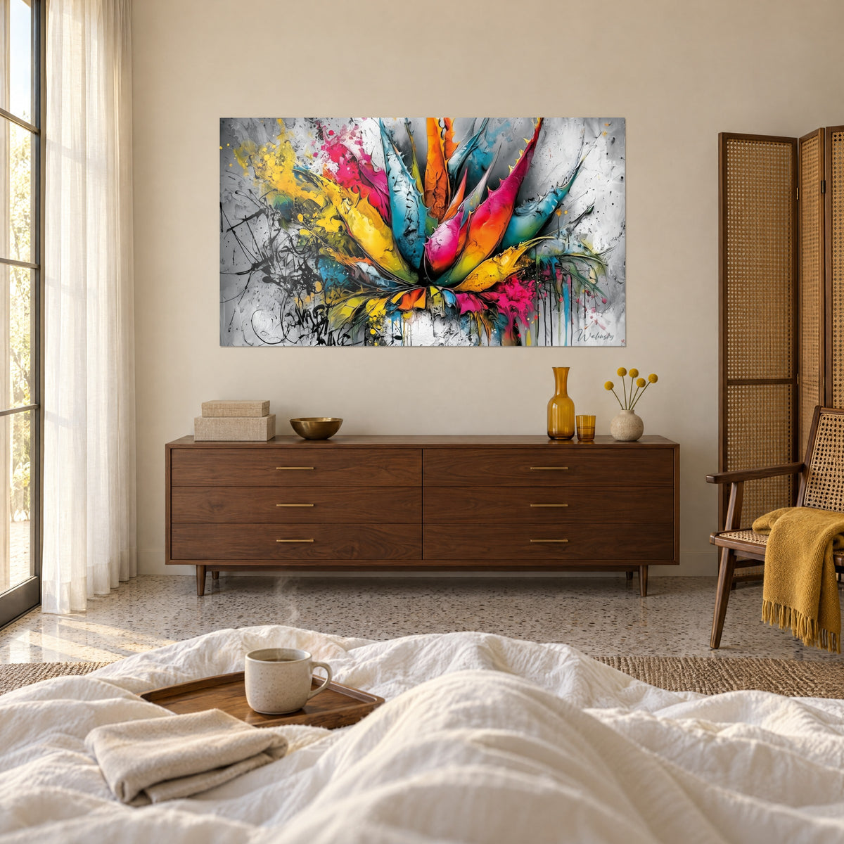 Tableau éruption végétale aux pointes magenta et jaune, traits noirs d'encre, couple de dos, au-dessus d'un lit dans une chambre claire