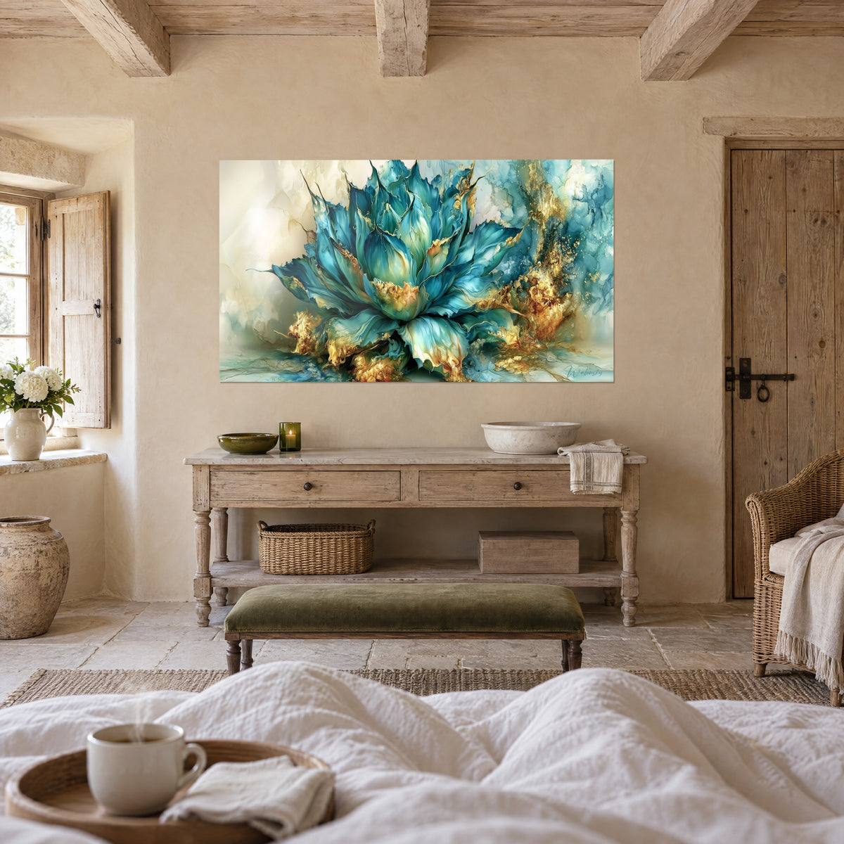 Wall art aloe flower with teal leaves and gold splashes, person seen from behind, above a bed in a bright bedroom