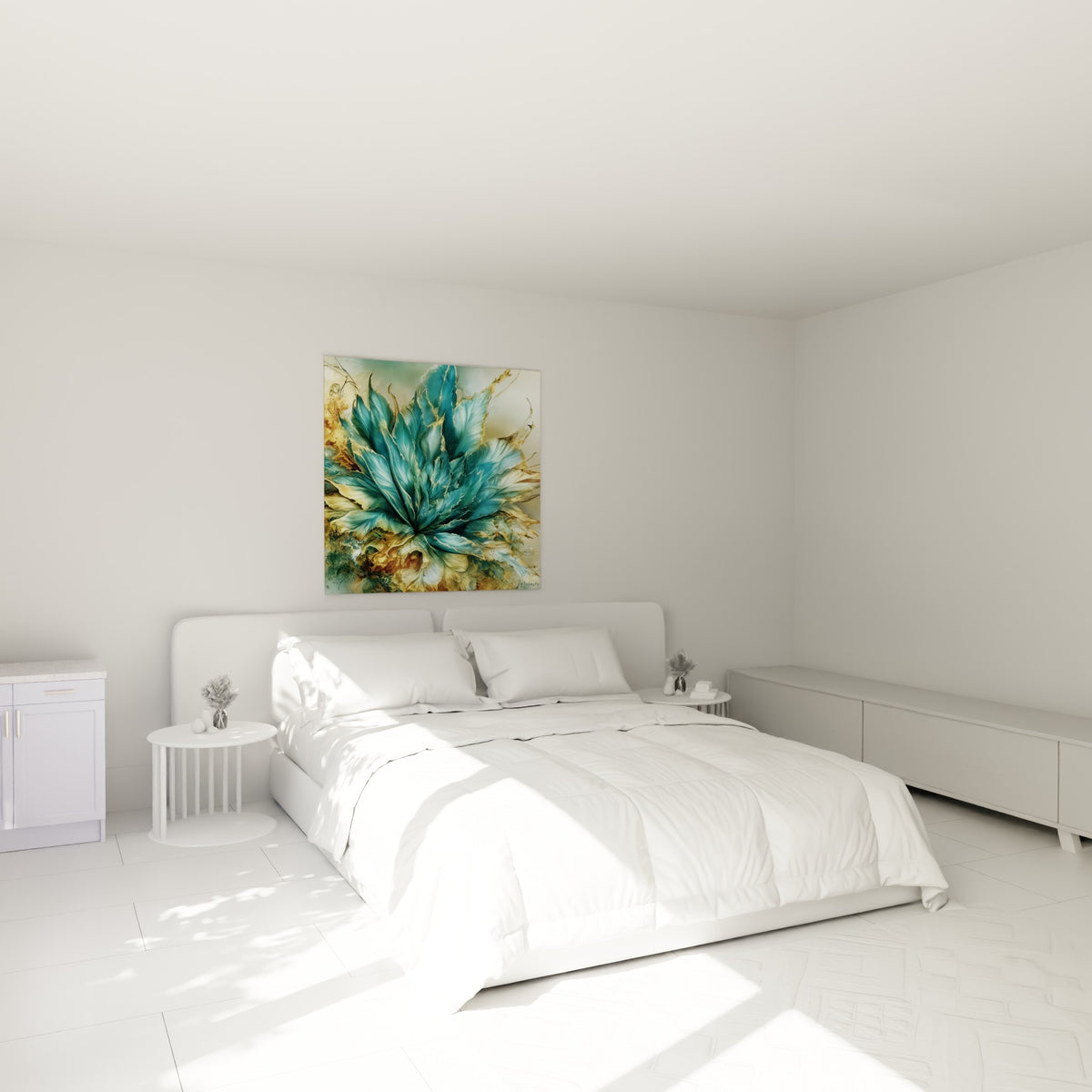 Plante d'aloe vera turquoise et ocre accrochée au-dessus d'un lit dans une chambre claire