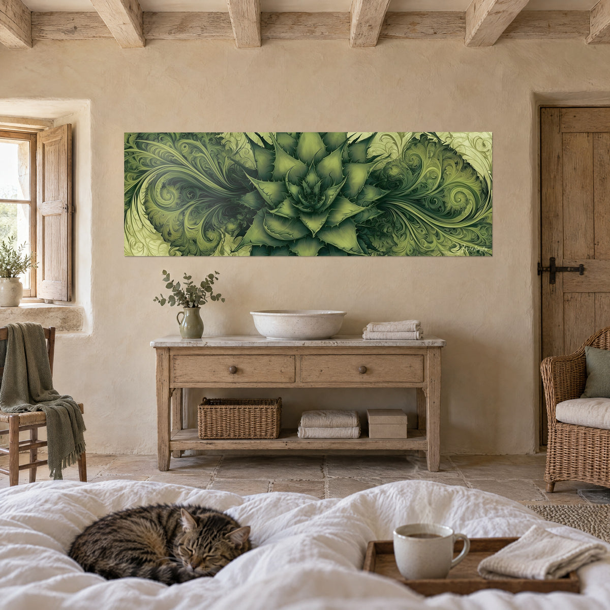 Tableau succulente géante aux pointes acérées vert forêt et ivoire, un chat tabby endormi au-dessus d'un lit dans une chambre claire