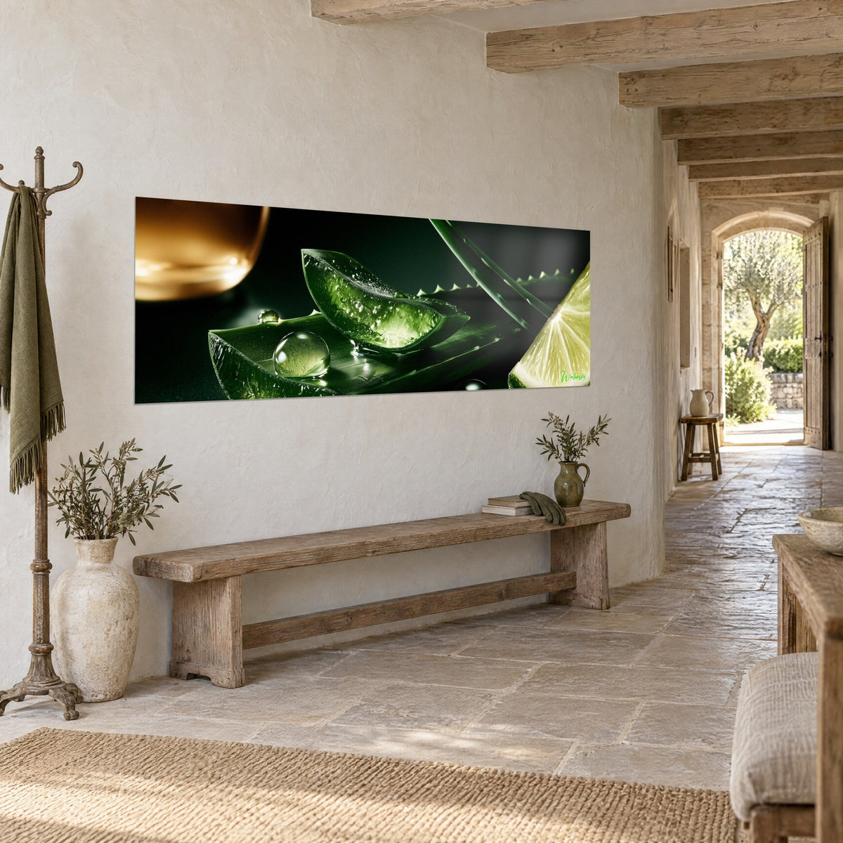 Wall art fleshy leaf with white teeth, soft green translucent droplets on black background, three-quarter view, stone hallway
