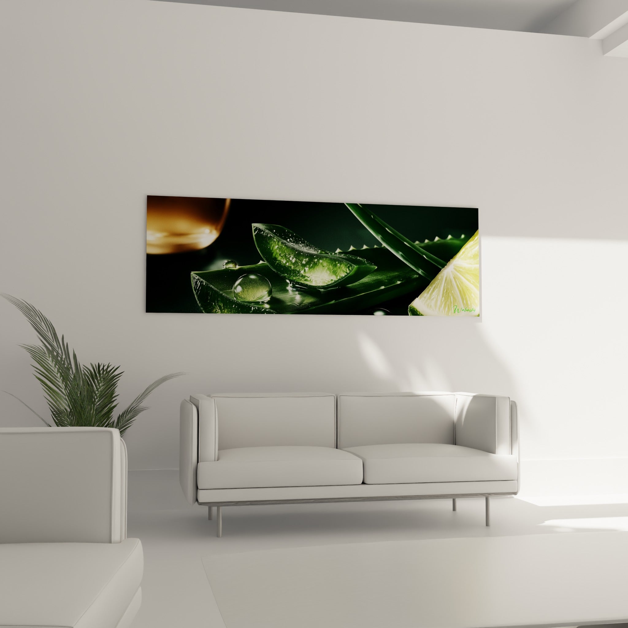 Plante d'aloe vera vert profond et citron jaune pâle au-dessus d'un canapé dans un salon lumineux