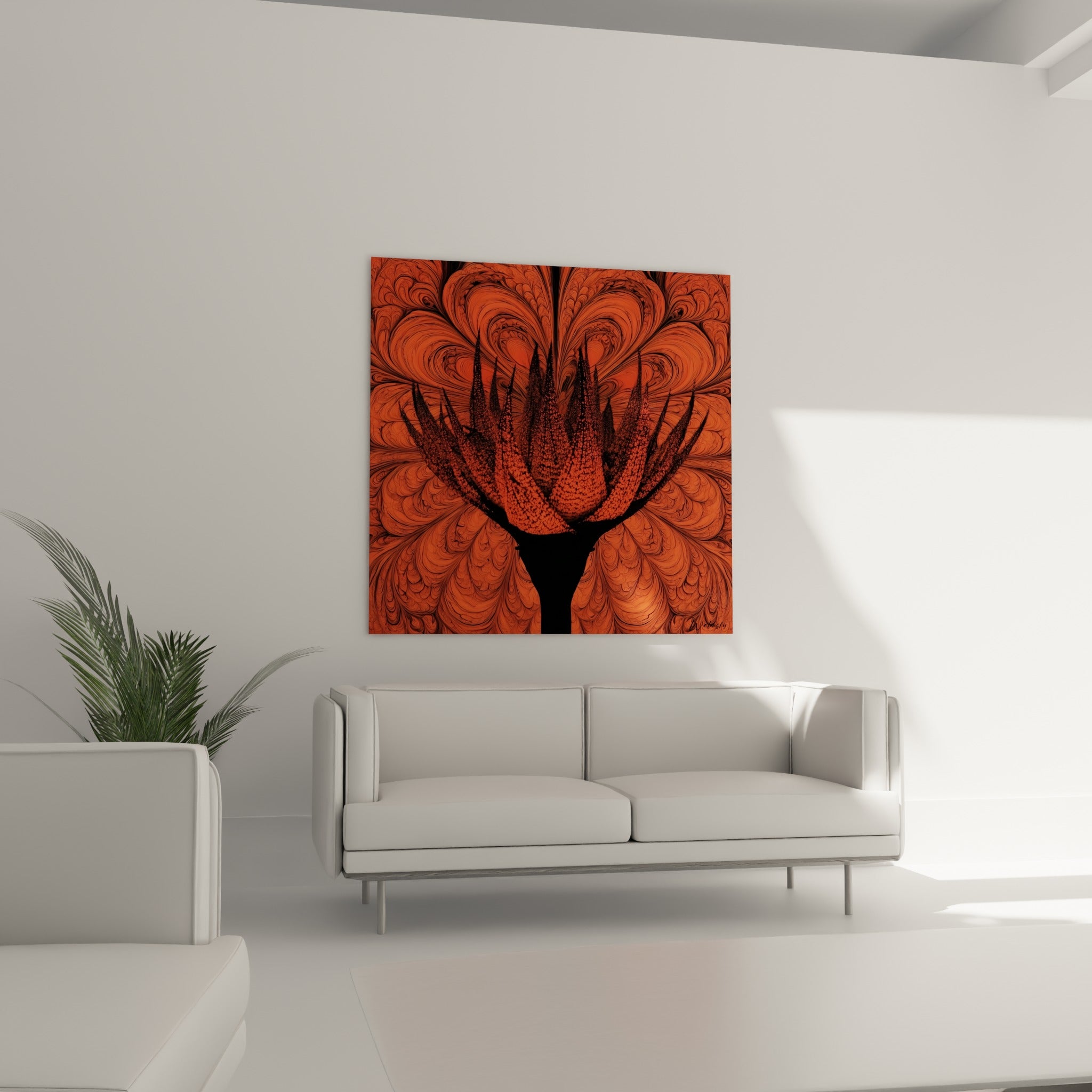 Plante d'aloe vera stylisée en noir et corail, disposée au-dessus d'un canapé dans un salon lumineux.