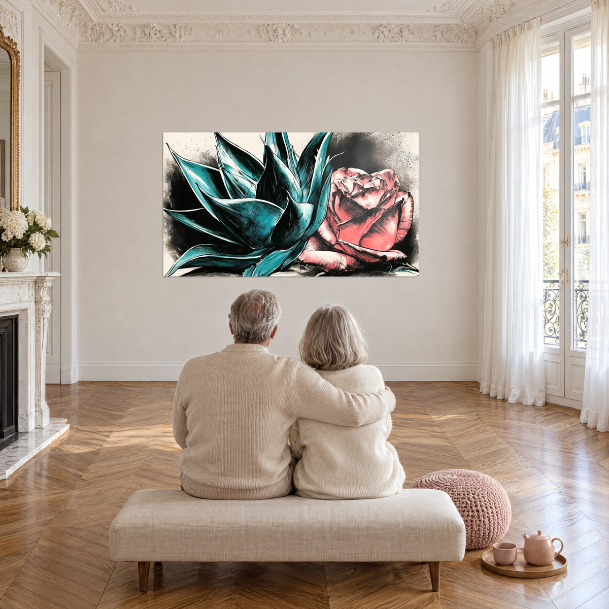 Wall art with a pale pink flower and aloe with turquoise tips, hatched drawing, a couple embracing from behind on a bench, parquet floor and tall windows