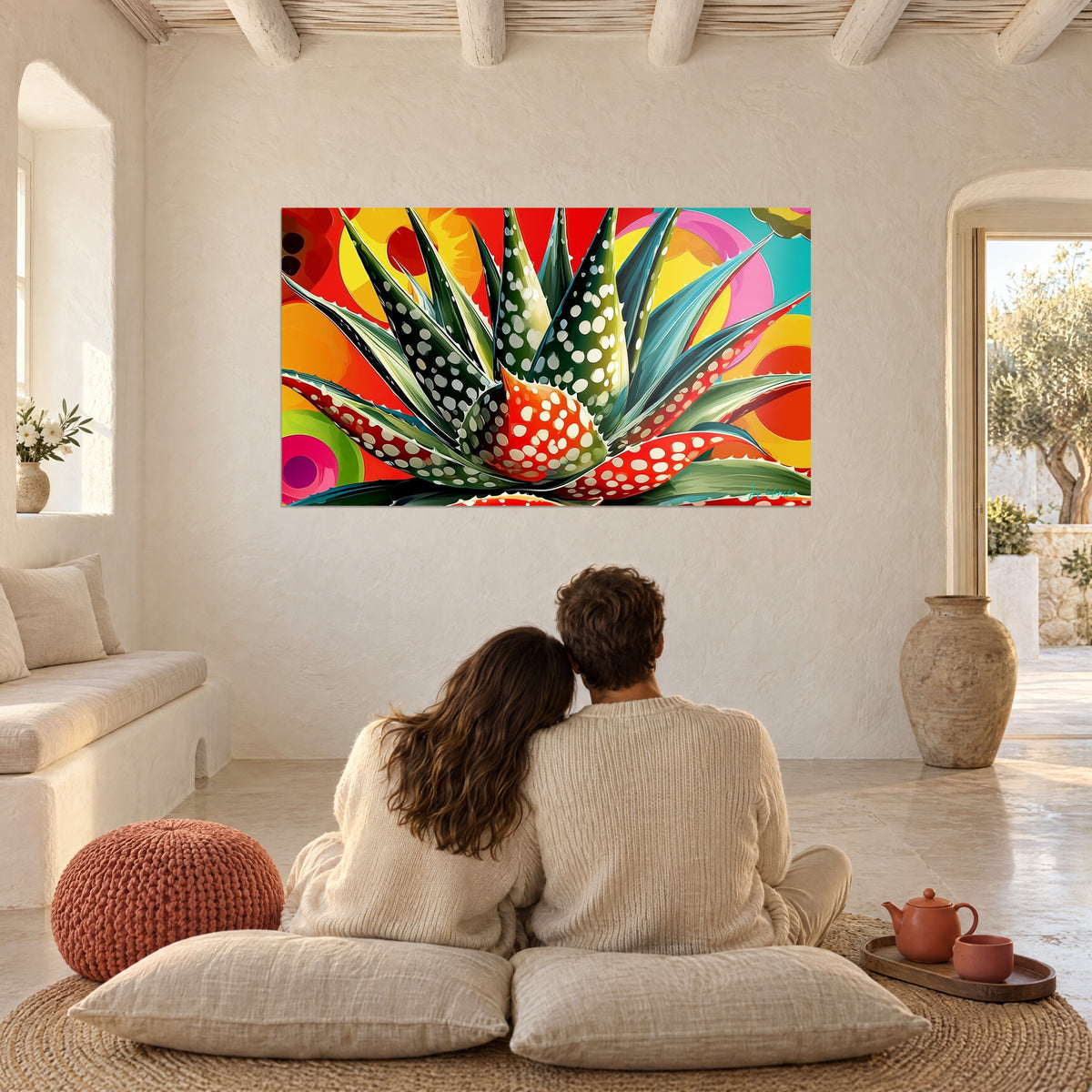 Tableau fleur d'aloès stylisée, feuilles vertes et rouges à pois blancs, que contemple un couple de dos sur des coussins au sol