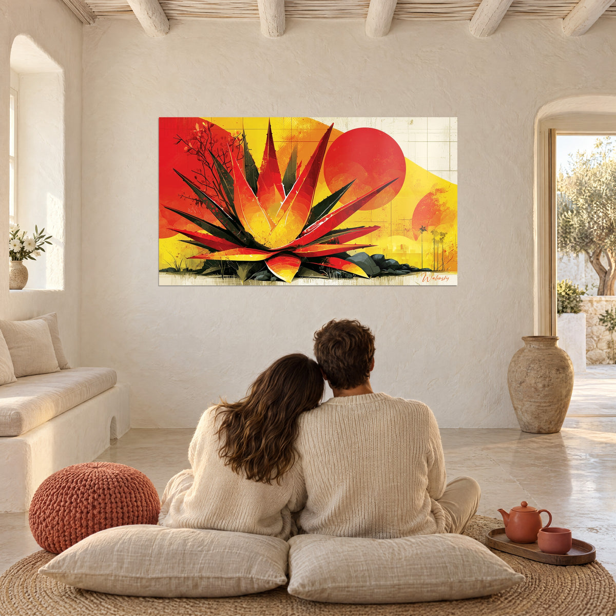 Tableau fleur d'agave embrasée, pointes rouges et noires, disque solaire écarlate, face à un couple assis de dos sur des coussins au sol