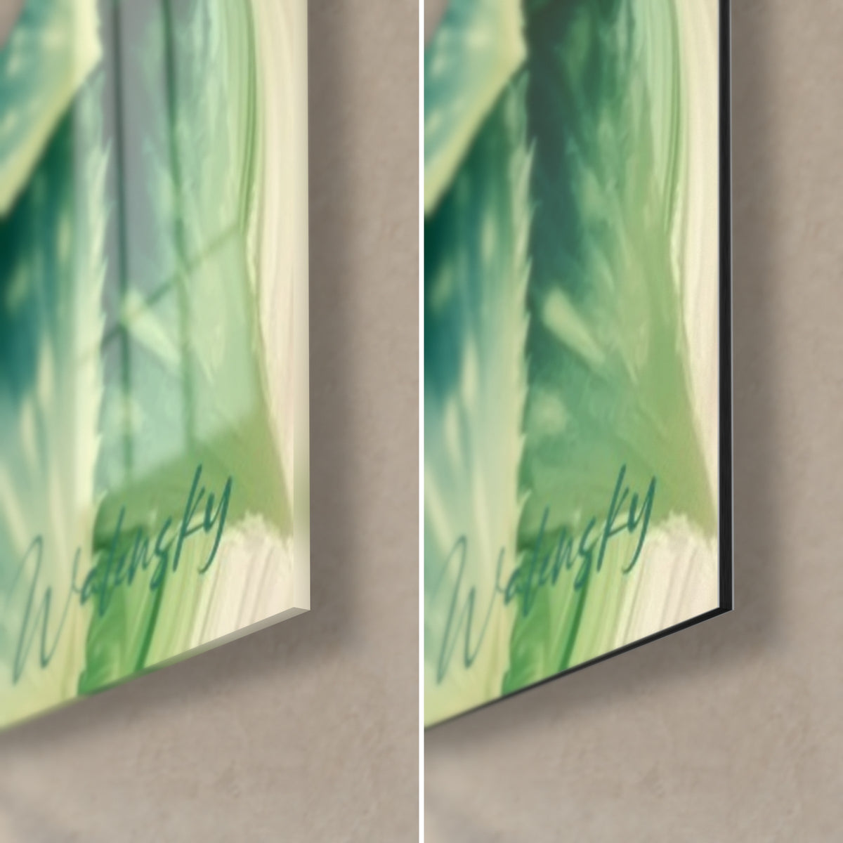 Obraz spiralny aloes, prawy dolny róg: błyszczące szkło akrylowe z refleksami, matowe czarne aluminium Dibond, sygnatura Walensky, krawędź 3 mm