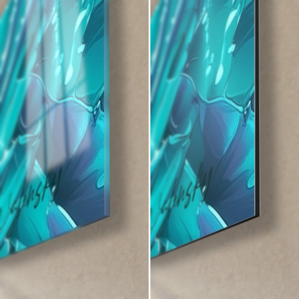 Wall art turquoise succulent, bottom right corner: glossy acrylic glass on the left, matte black Dibond on the right, 3 mm edge