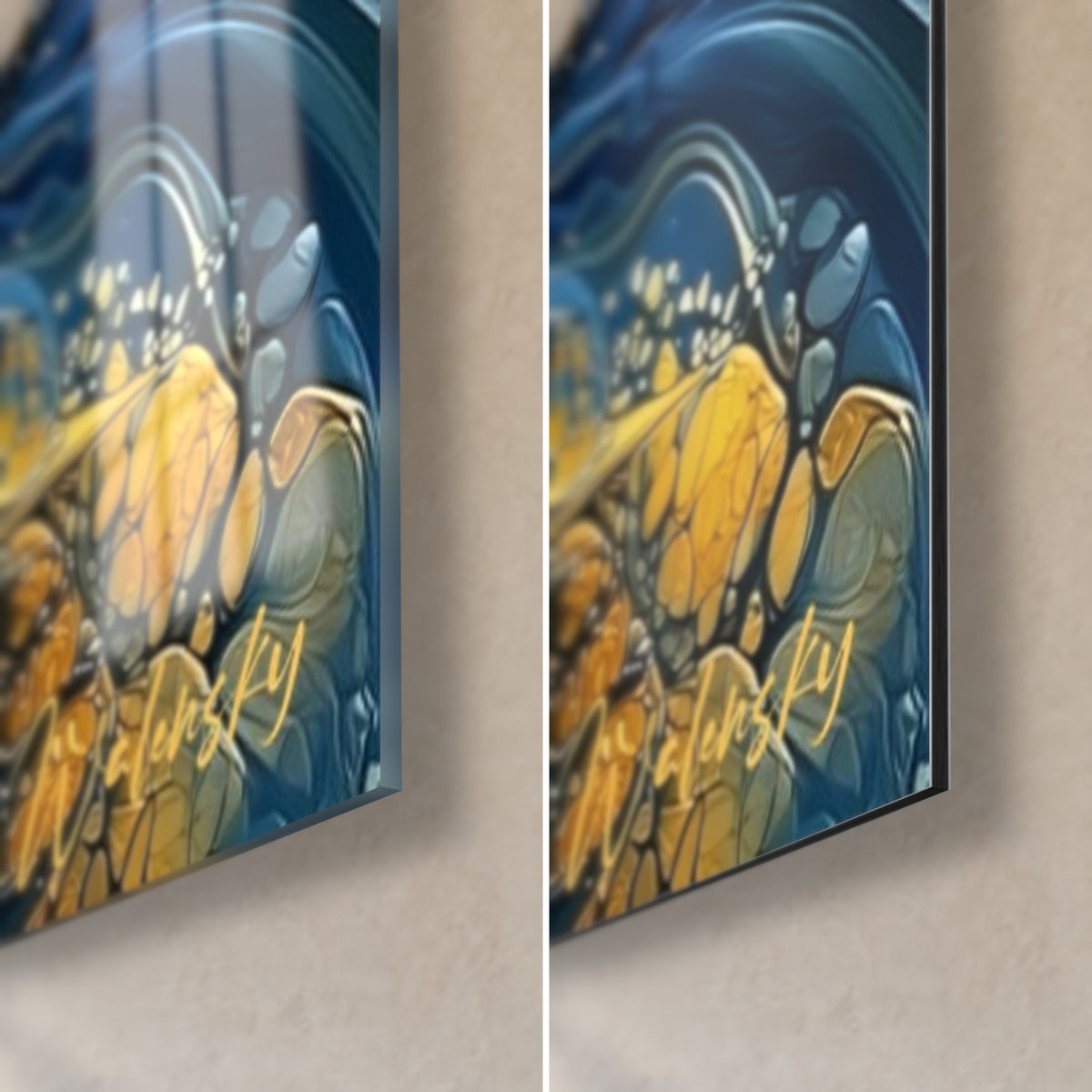 Tableau agave bleu profond aux perles d'or, coin bas droit : verre acrylique brillant à gauche, Dibond mat à droite, tranche 3 mm