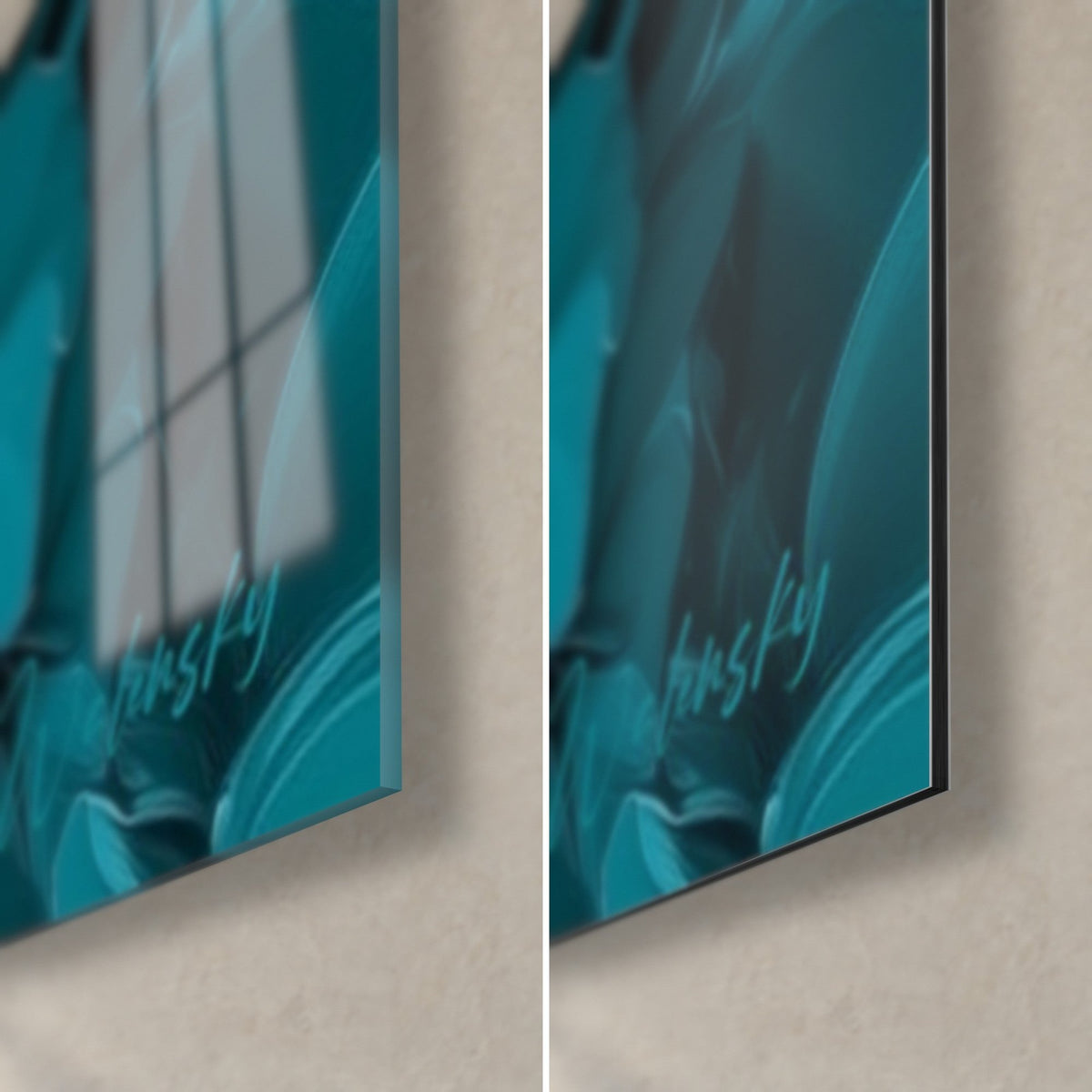 Wall art turquoise succulent, bottom-right corner detail: glossy acrylic glass with reflections, matte black Dibond aluminium, 3 mm edge visible