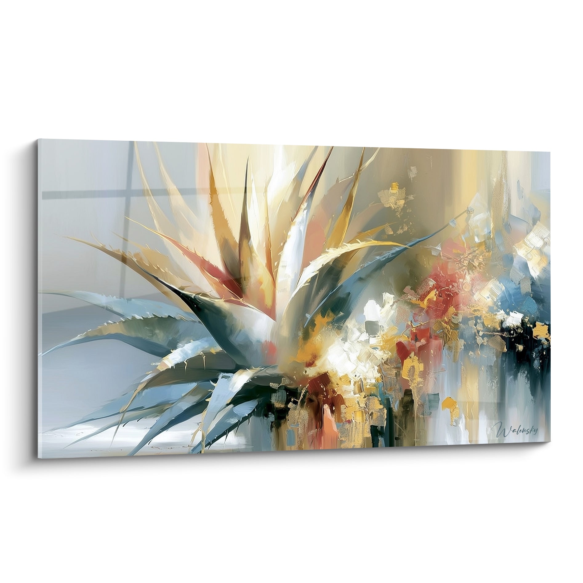 Aloe vera doré aux feuilles bleu-gris déployées en éventail, style pictural abstrait et lumineux