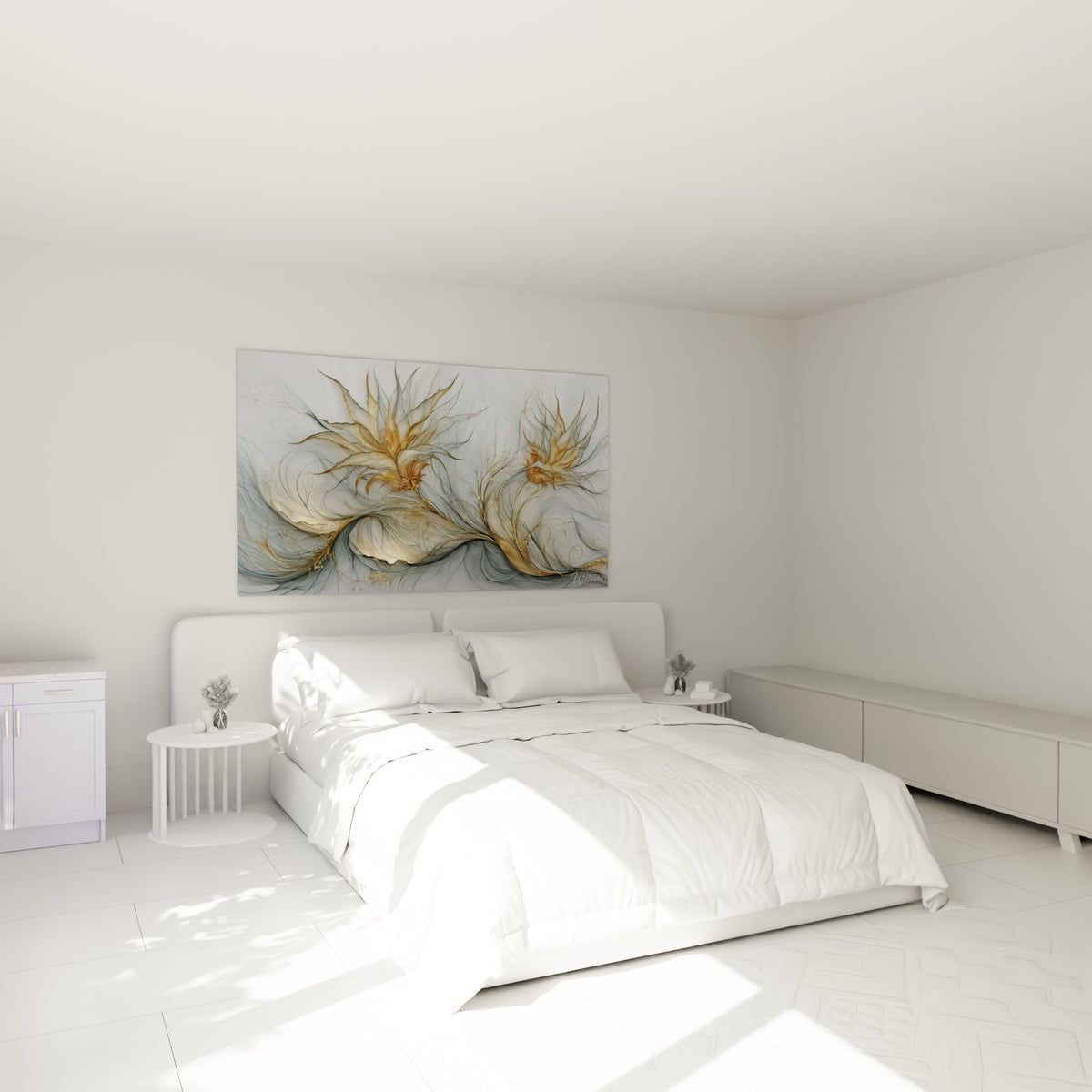 Volutes dorées d'aloe vera anthracite disposées au-dessus d'un lit dans une chambre claire