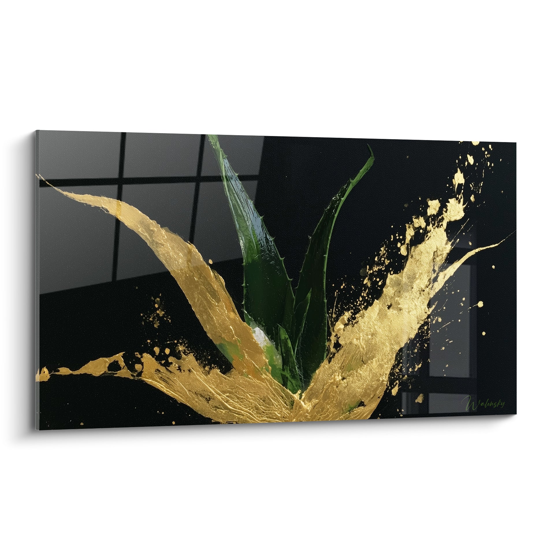 Aloe vera doré aux feuilles vert profond jaillissant sur fond noir intense et texturé