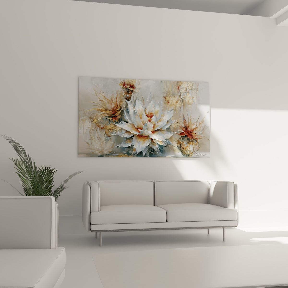 Rosette végétale dorée et blanche aux textures relevées, au-dessus d'un canapé dans un salon lumineux