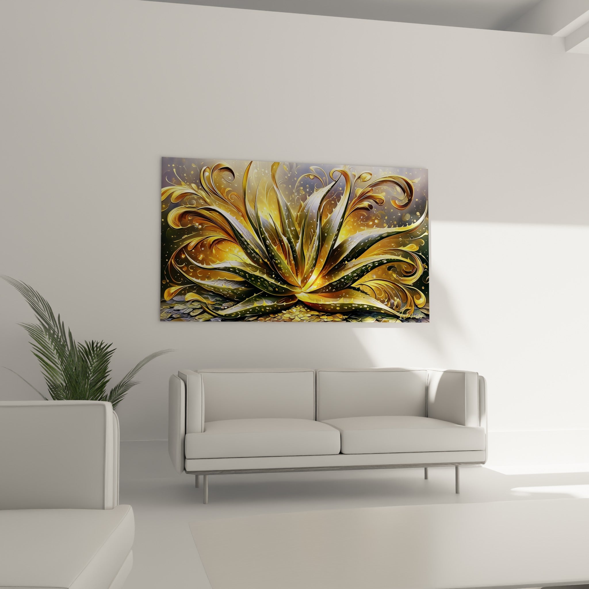 Plante d'aloe vera irradiant une lumière dorée et verte au-dessus d'un canapé dans un salon lumineux