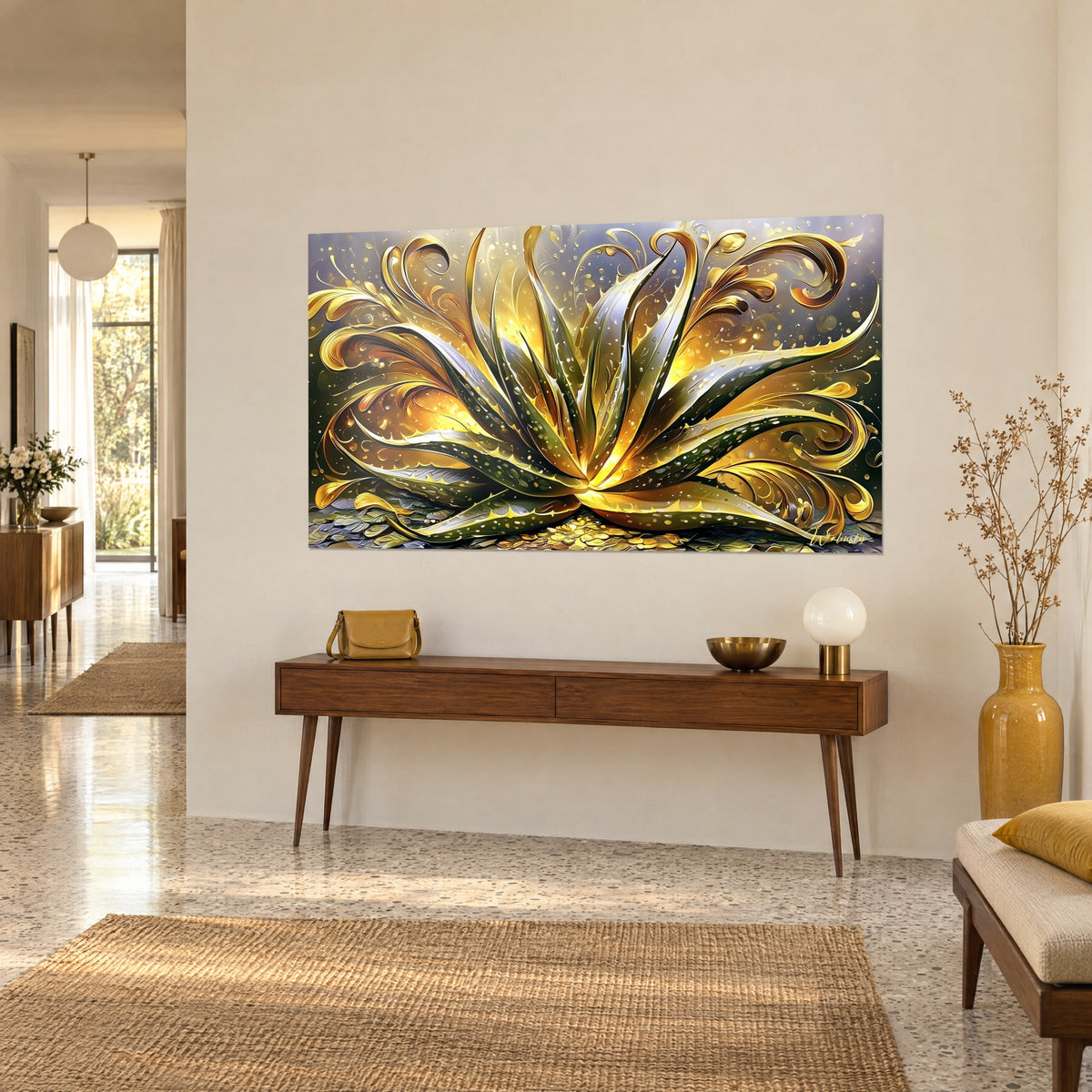 Tableau plante grasse aux feuilles pointues vert sombre et or, gouttelettes brillantes, vue de trois-quarts sur console en bois