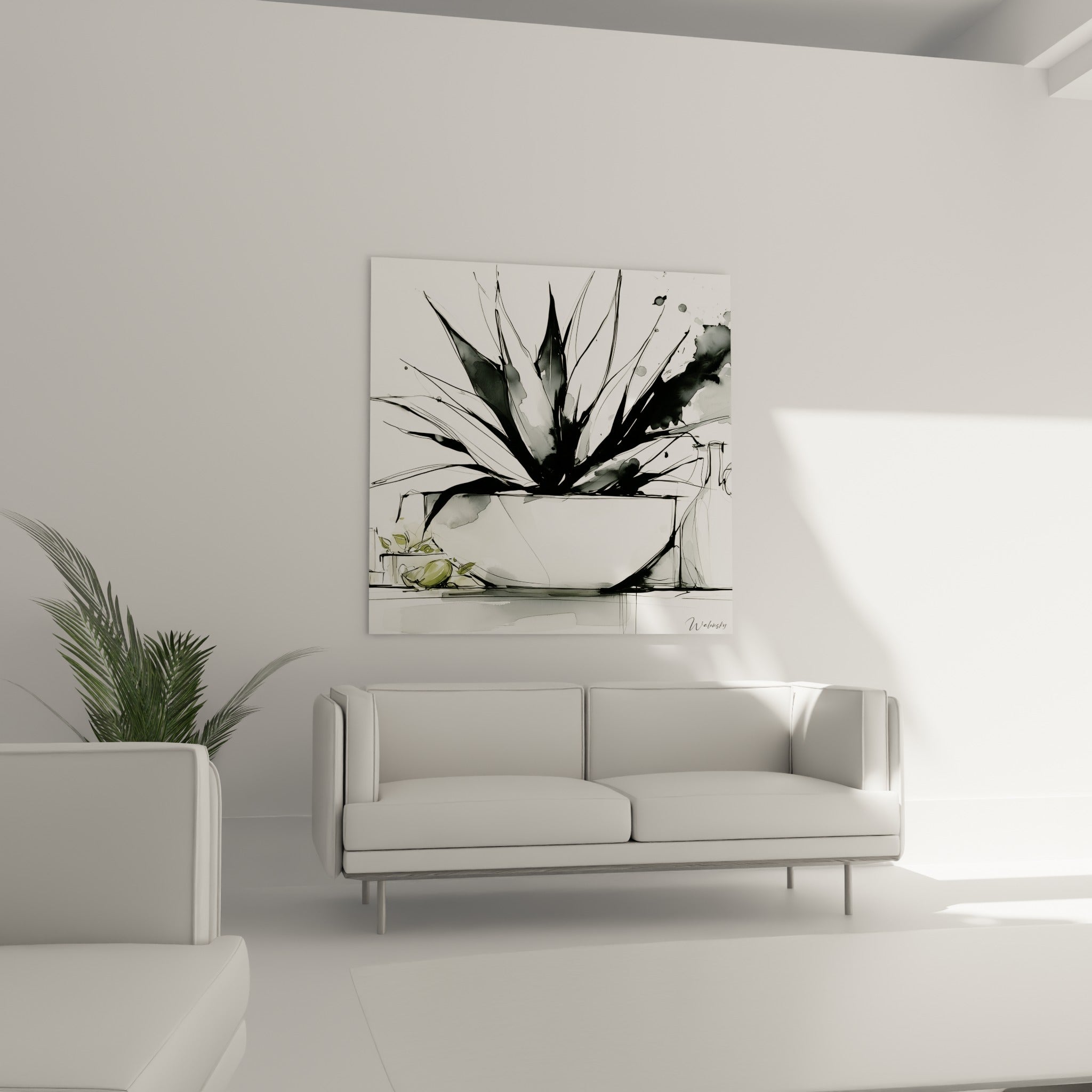 Plante graphique en encre noire et blanche disposée au-dessus d'un canapé dans un salon lumineux.