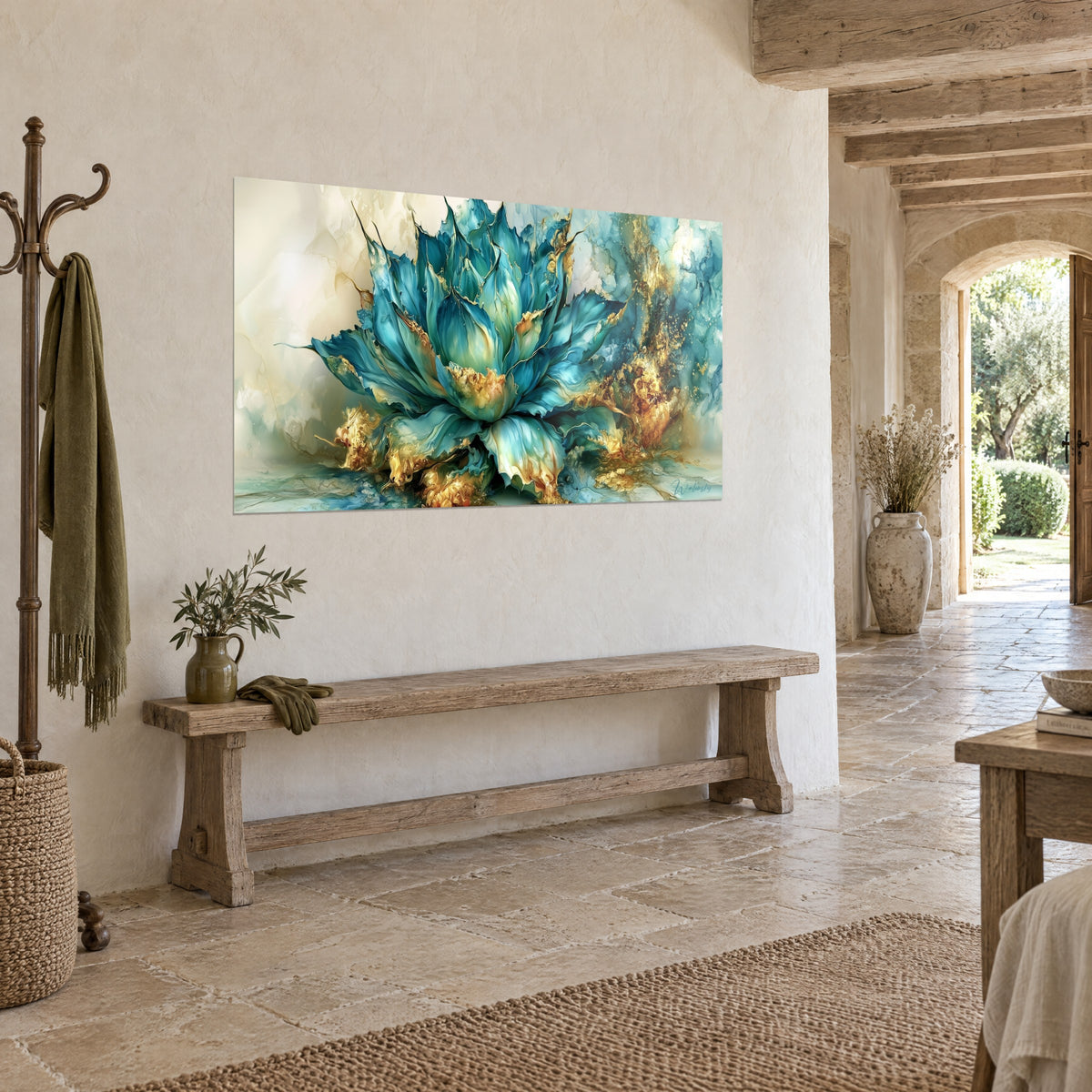 Wall art succulent with turquoise and gold leaves on an ivory background, three-quarter view, wooden bench, stone country house