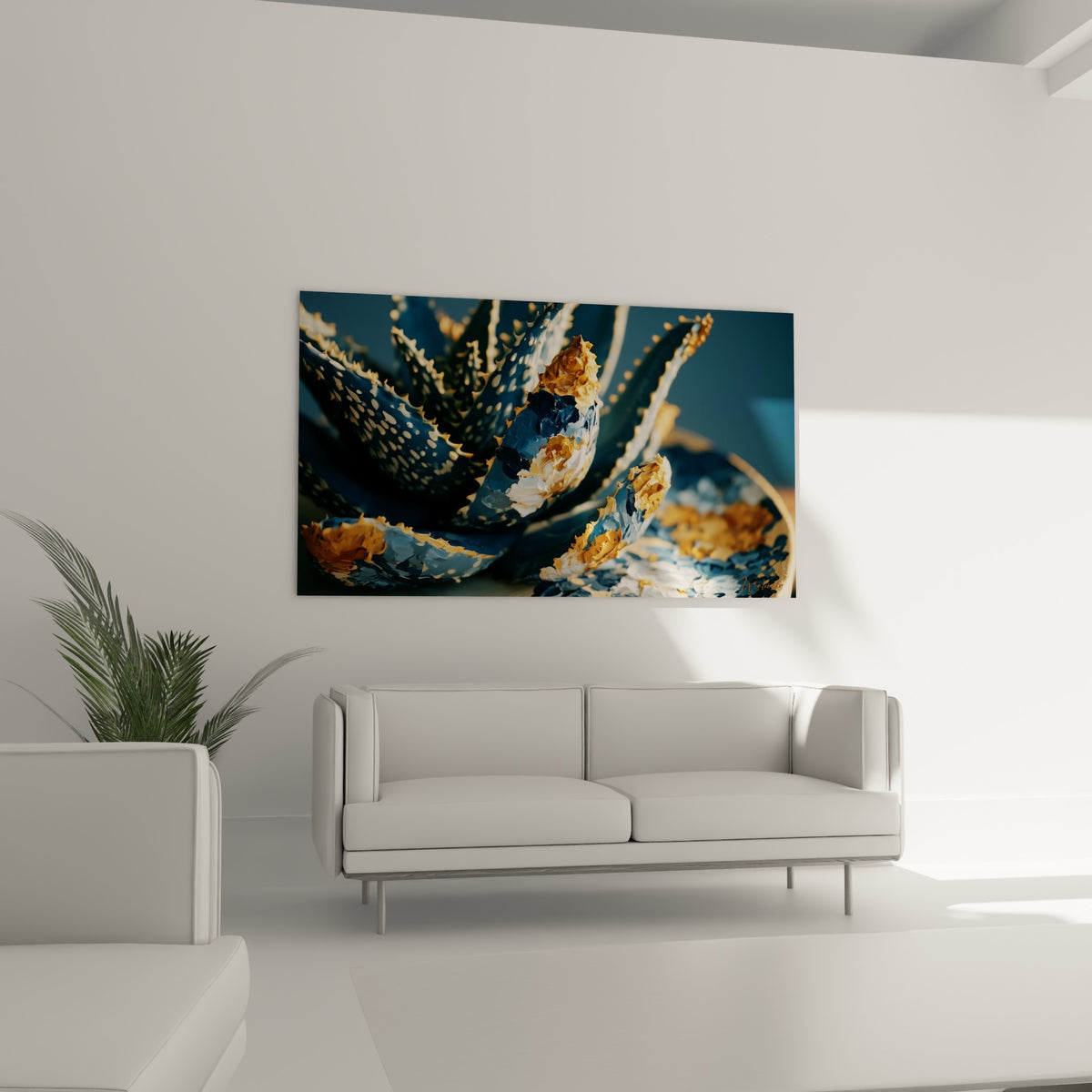 Plante d'aloe vera aux teintes bleu marine et ocre doré, disposée au-dessus d'un canapé dans un salon lumineux