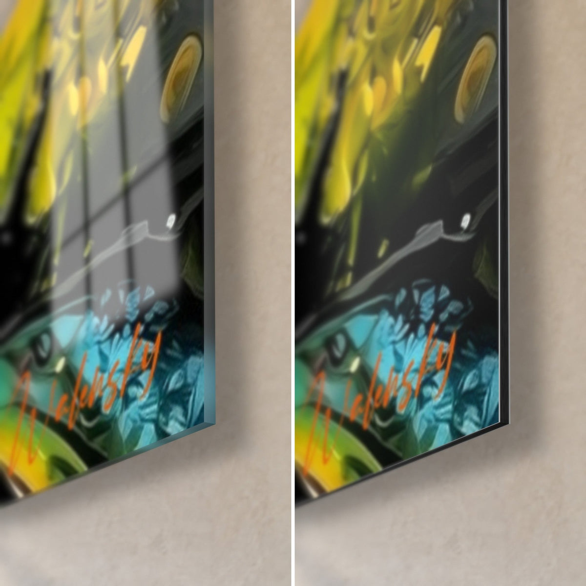 Quadro aloe colorato, angolo in basso a destra: bordo nero di 3 mm, vetro acrilico lucido con riflessi verdi a sinistra, alluminio Dibond opaco beige a destra