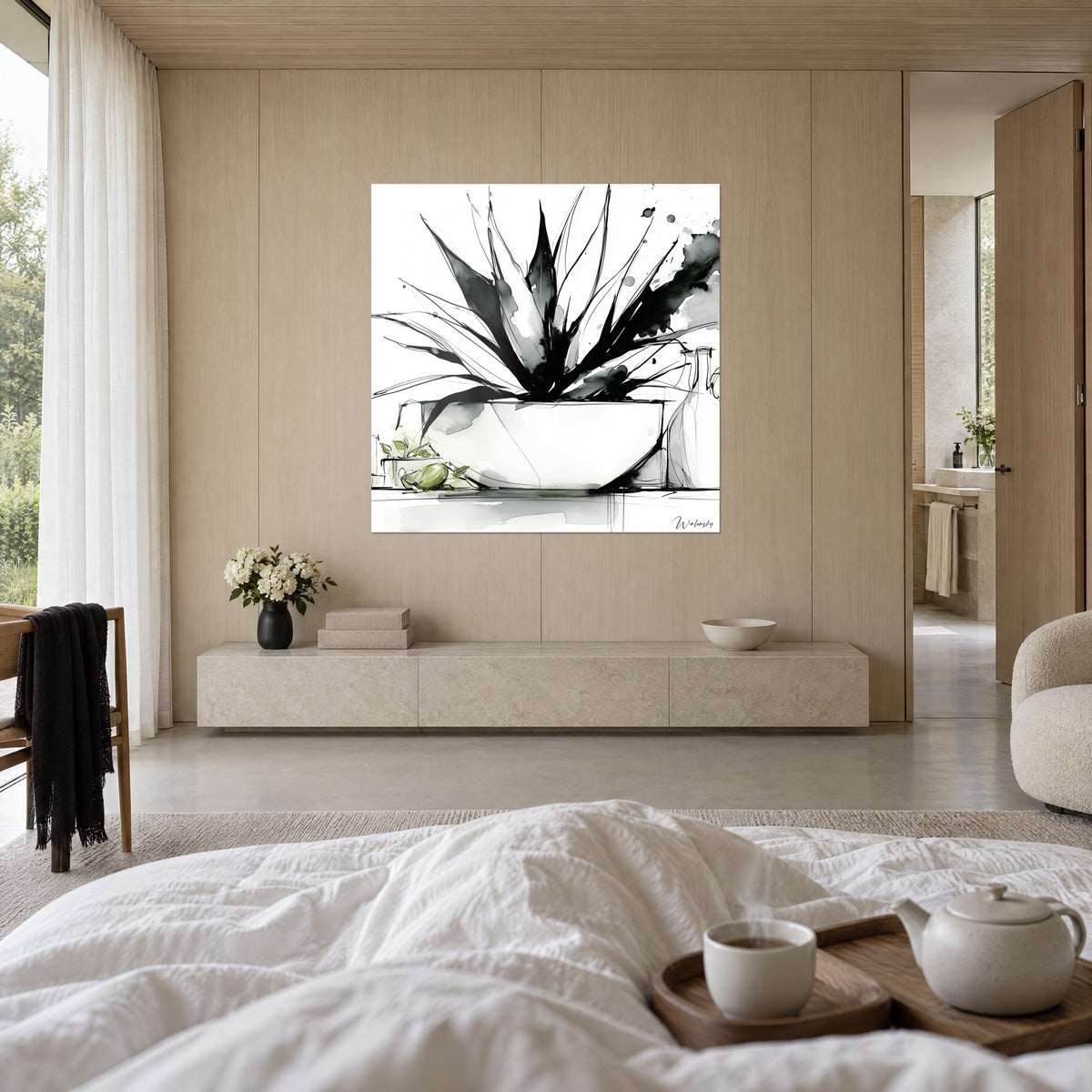 Tableau succulente aux lames d'encre noire dans une vasque ivoire, touches gris perle, au-dessus d'un lit dans une chambre claire