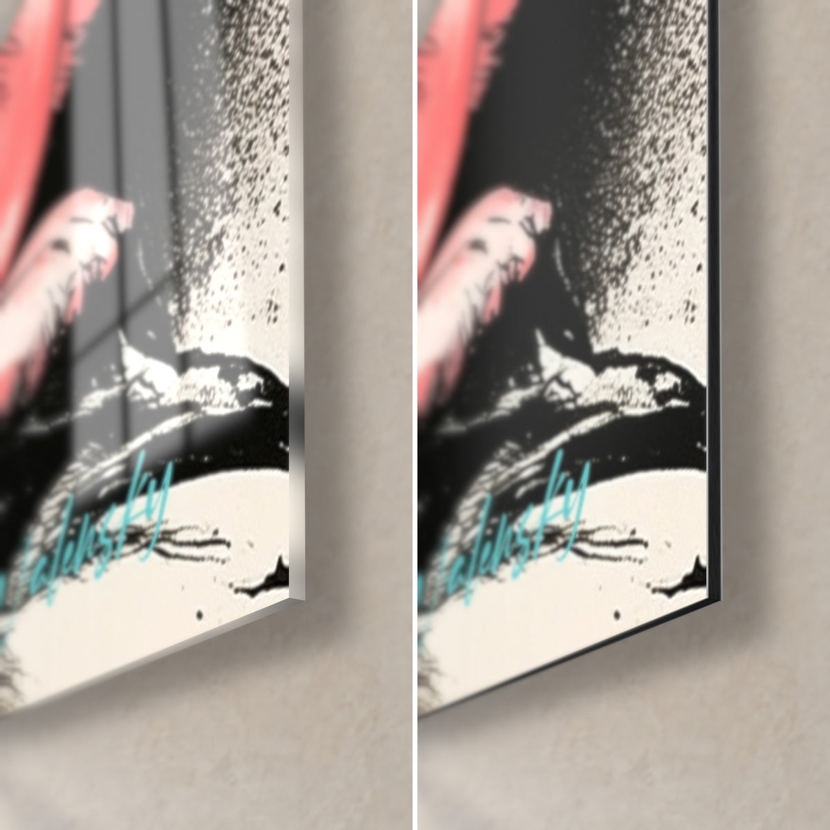 Wall art with turquoise aloe cactus and cream background speckled with black, bottom right corner, 3 mm edge, glossy glass on the left, matte Dibond on the right