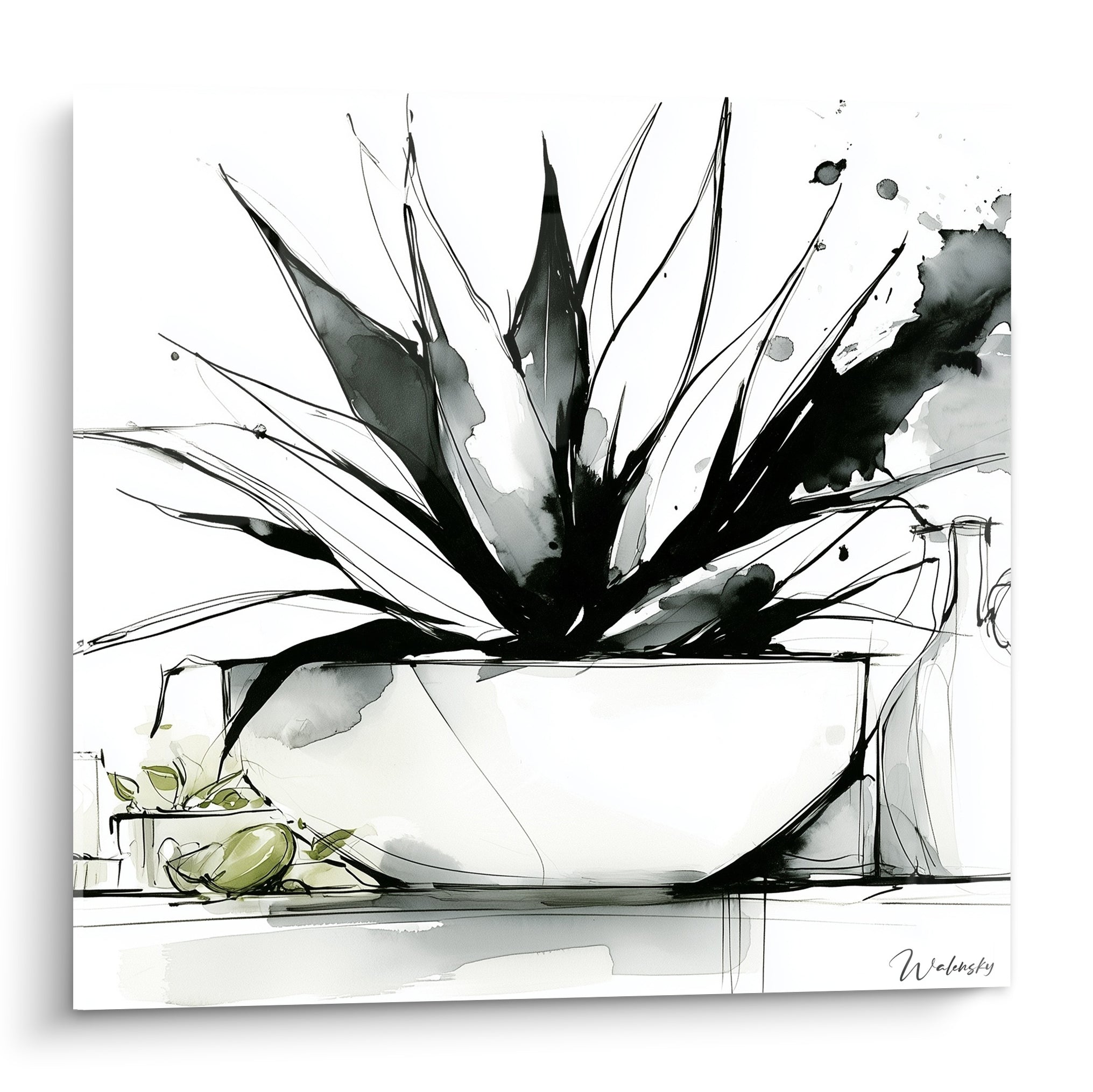 Aloe vera à l'encre noire jaillissant d'un vase blanc, feuilles pointues et éclaboussures graphiques.