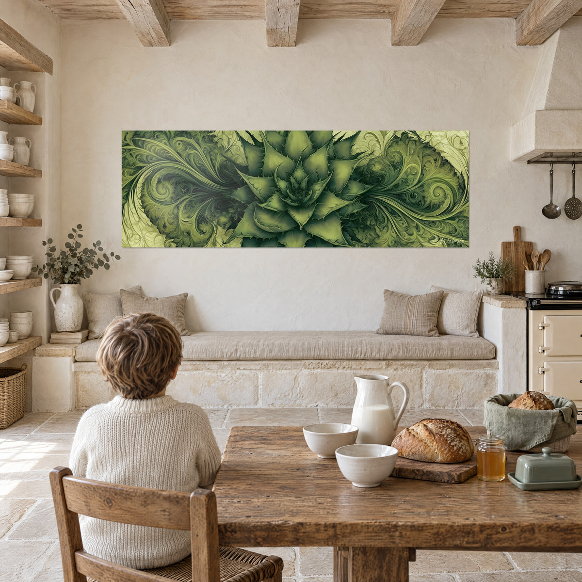 Tableau rosette d'aloès au cœur sombre, spirales vert anis et olive, enfant de dos devant une table de cuisine en bois