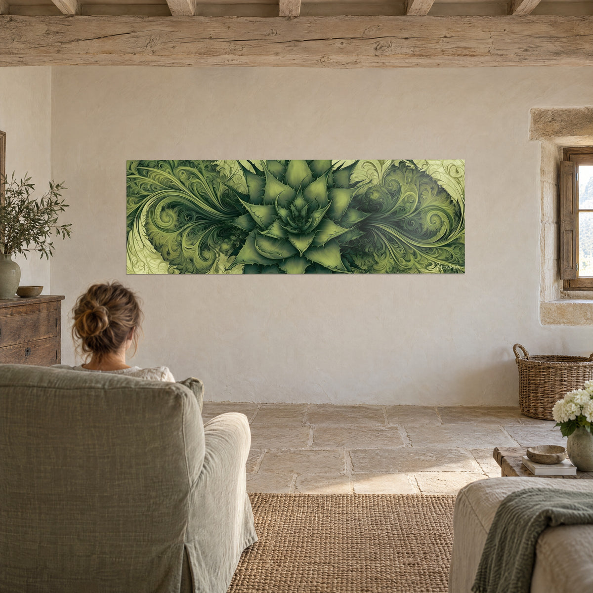 Tableau rosette symétrique d'aloès, vert olive profond et crème, une femme de dos dans un fauteuil, salon de pierre claire