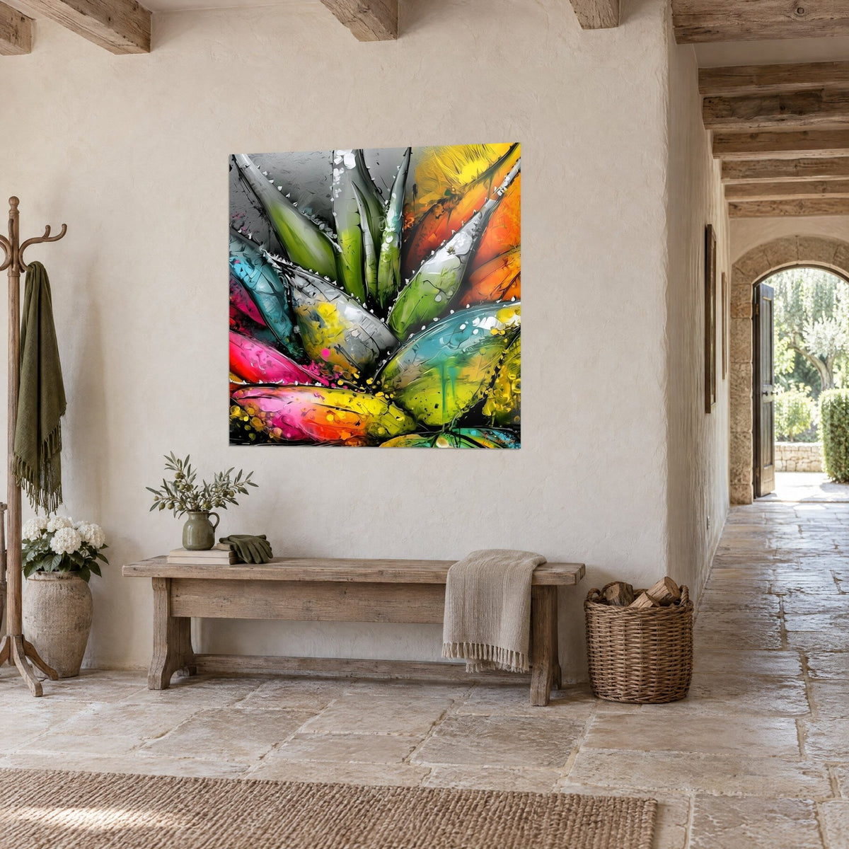 Quadro rosetta carnosa in pittura materica, foglie turchesi e arancio vivo punteggiate di gocce, in un corridoio di pietra di tre quarti